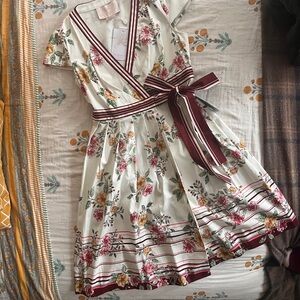 Gal Meets Glam Floral Stripe Midi Dress in Burgundy and Cream